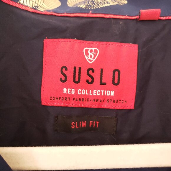 Suslo Red Collection Comfort Stretch Slim Fit Navy Blue and Gold Shiny Shirt XL - Picture 2 of 16